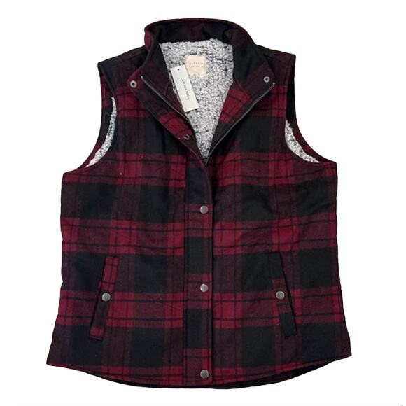 NWT Francesca's Harper Heritage Burgundy/Black Plaid Flannel/Sherpa Vest - Picture 1 of 8